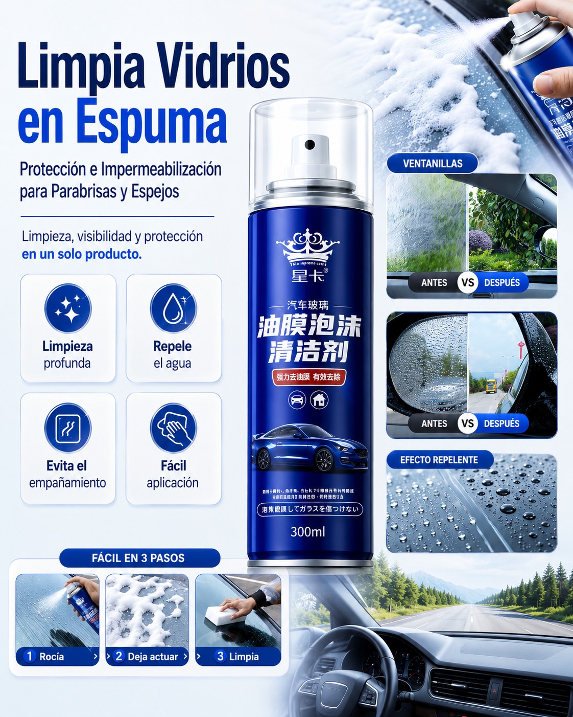 Limpia Vidrios Pro 3 en 1 – Limpia, Protege y Repele el Agua.
